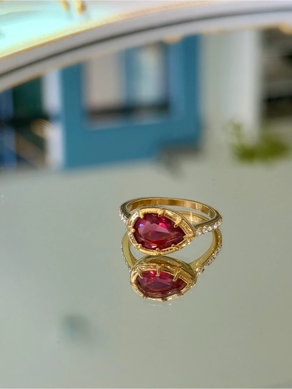 New Rubellite-Inspired In Gold Tone Pear Cut Pink Tourmaline CZ Ring in 7